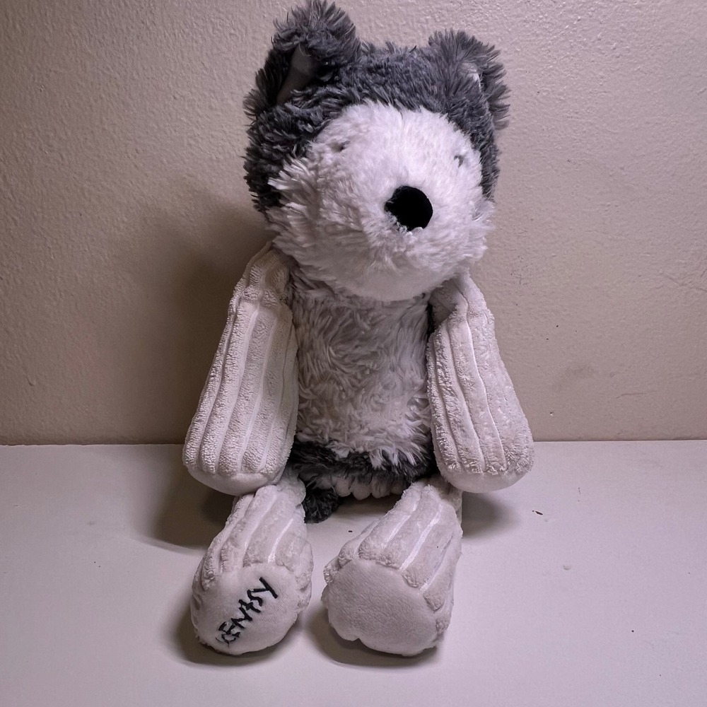 Scentsy Medium Buddy Husky Wolf Plush Grey White Corduroy Limbs Zipper Pocket
